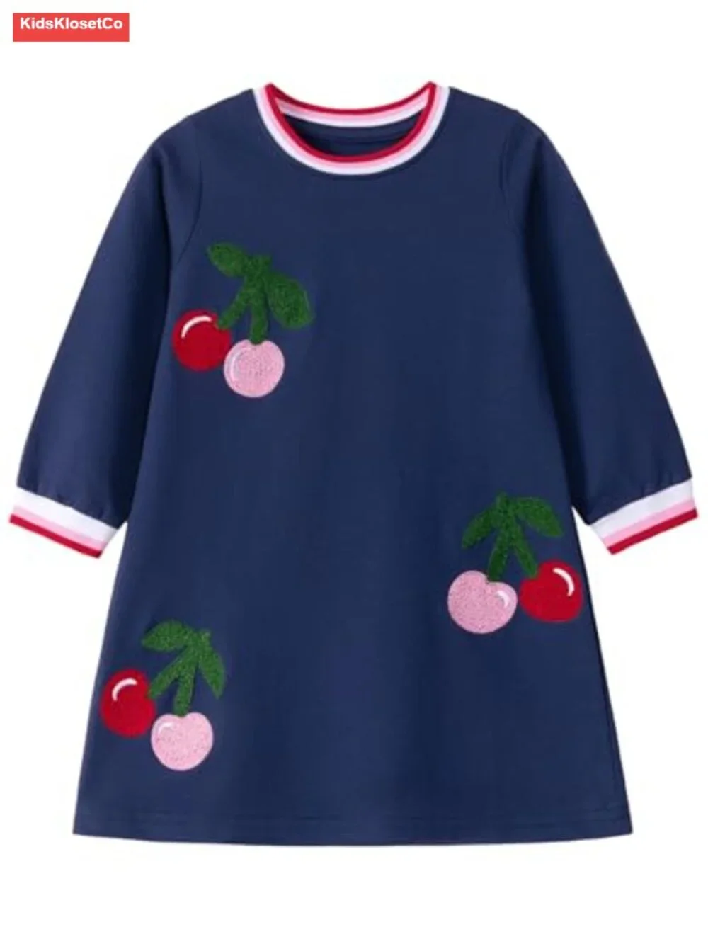 Girls Cotton Knit Cherry Dress Long Sleeve A-Line